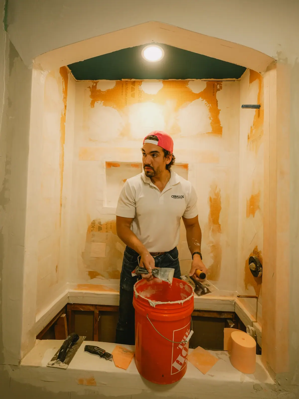 Eric setting Schluter trim in a shower